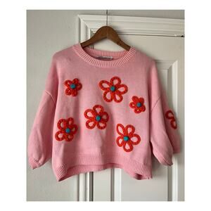 Zara Womens Large Pink Sweater w/ Embroidered Orange Flowers 100% Cotton Spring